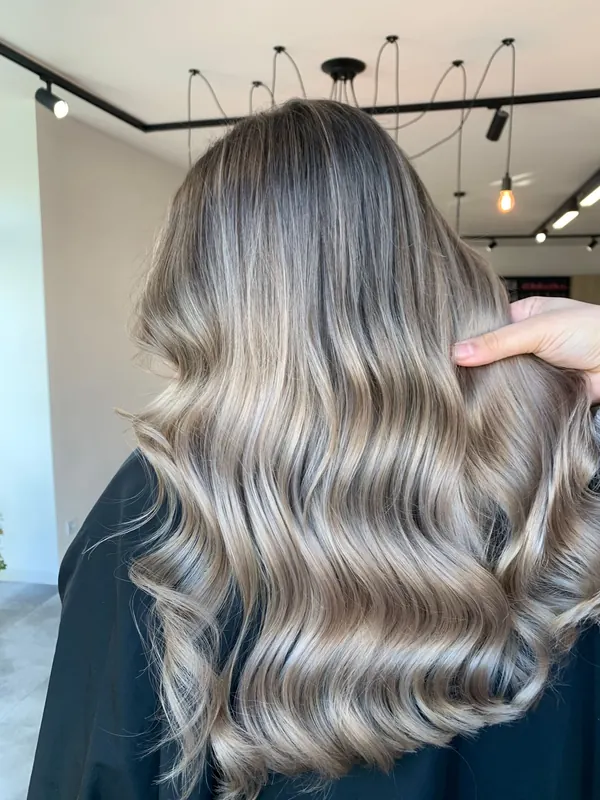Kühle Aschblond-Balayage mit großen Wellen